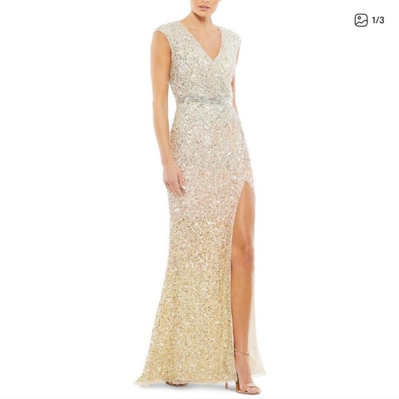 Mac Duggal Gold and Silver Sequined Maxi Dress Sz 6 NWOT - Picture 1 of 2